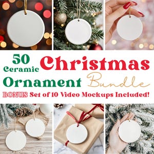 Op de afbeelding: Een bundel van 50 keramische kerstversieringen. De ornamenten zijn rond en wit, met een gat om op te hangen. De afbeelding bevat de tekst "50 Ceramic Christmas Ornament Bundle" en "BONUS Set of 10 Video Mockups Included!"