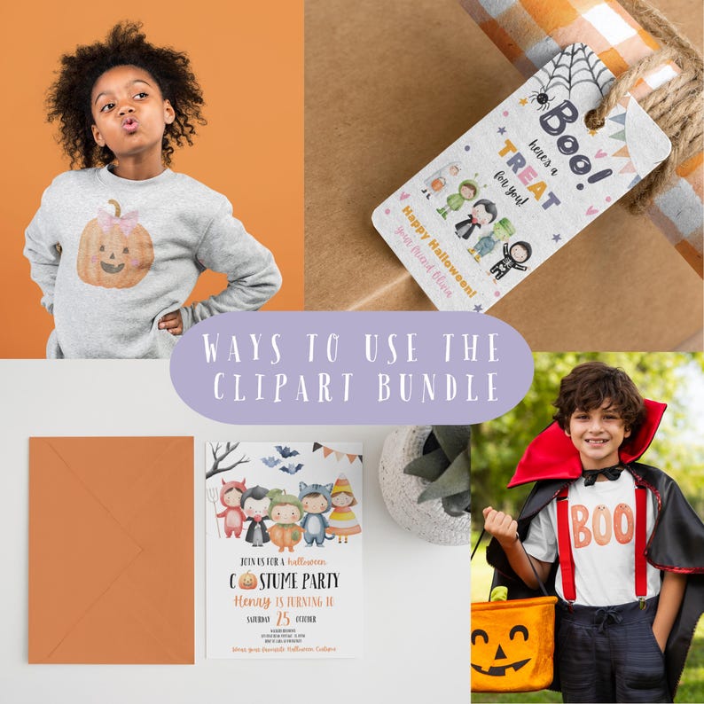 May include: A collage of Halloween-themed items. A child in a gray sweatshirt with a pumpkin graphic, a gift tag with "Boo!" and "Treat", a costume party invitation, and a child in a vampire costume holding a jack-o'-lantern bucket.