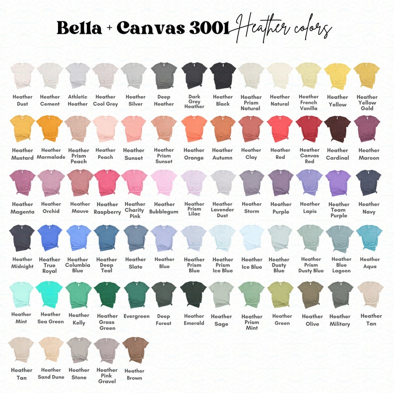 May include: A chart of Bella + Canvas 3001 t-shirt colors in various heather shades. The chart shows 49 different colors, including Heather Dust, Heather Cement, Heather Cool Grey, Heather Silver, Heather Deep Heather, Heather Dark Grey, Heather Black, Heather Prism Natural, Heather Natural, Heather French Vanilla, Heather Yellow, Heather Yellow Gold, Heather Mustard, Heather Marmalade, Heather Prism Peach, Heather Peach, Heather Sunset, Heather Prism Sunset, Heather Orange, Heather Autumn, Heather Clay, Heather Red, Heather Canvas Red, Heather Cardinal, Heather Maroon, Heather Magenta, Heather Orchid, Heather Mauve, Heather Raspberry, Heather Charity Pink, Heather Bubblegum, Heather Prism Lilac, Heather Lavender Dust, Heather Storm, Heather Purple, Heather Lapis, Heather Team Purple, Heather Navy, Heather Midnight, Heather True Royal, Heather Columbia Blue, Heather Deep Teal, Heather Slate, Heather Blue, Heather Prism Blue, Heather Prism Ice Blue, Heather Ice Blue, Heather Dusty Blue, Heather Prism Dusty Blue, Heather Lagoon, Heather Aqua, Heather Mint, Heather Sea Green, Heather Kelly, Heather Grass Green, Heather Evergreen, Heather Deep Forest, Heather Emerald, Heather Sage, Heather Prism Mint, Heather Green, Heather Olive, Heather Military, Heather Tan, Heather Sand Dune, Heather Stone, Heather Pink Gravel, Heather Brown.