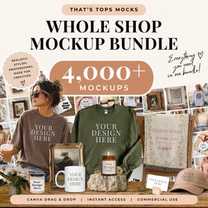 May include: A digital marketing graphic for a 4,000+ mockup bundle featuring various apparel and home decor items. The text reads THAT'S TOPS MOCKS, WHOLE SHOP MOCKUP BUNDLE, 4,000+ MOCKUPS, and YOUR DESIGN HERE on shirts, a mug, a candle, and a blanket.