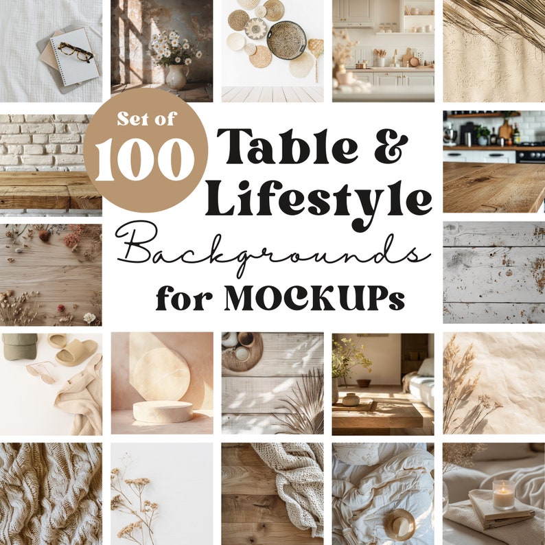 100+ platt lay mockup-paket png digitala bakgrunder för Canva och POD bohemisk blommig minimalistisk rustik bordsskiva bänkskiva mysig stuga kärna bild 1