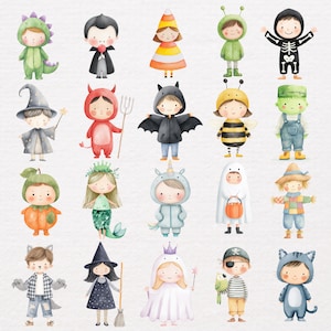 May include: Watercolor illustration of children in Halloween costumes. Costumes include a dinosaur, vampire, candy corn, bee, skeleton, wizard, devil, bat, Frankenstein, pumpkin, mermaid, unicorn, ghost, scarecrow, wolf, witch, princess, pirate, and cat.