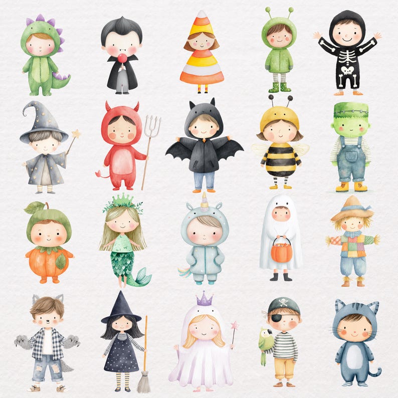 May include: Watercolor illustration of children in Halloween costumes. Costumes include a dinosaur, vampire, candy corn, bee, skeleton, wizard, devil, bat, Frankenstein, pumpkin, mermaid, unicorn, ghost, scarecrow, wolf, witch, princess, pirate, and cat.