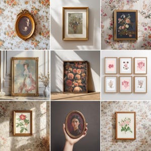 Vintage Frame Mockup Bundle Canva 70 Antique Gold Wood Frames Wall Art Mockups, Editable Drag & Drop, Neutral Aesthetic French Countryside image 8