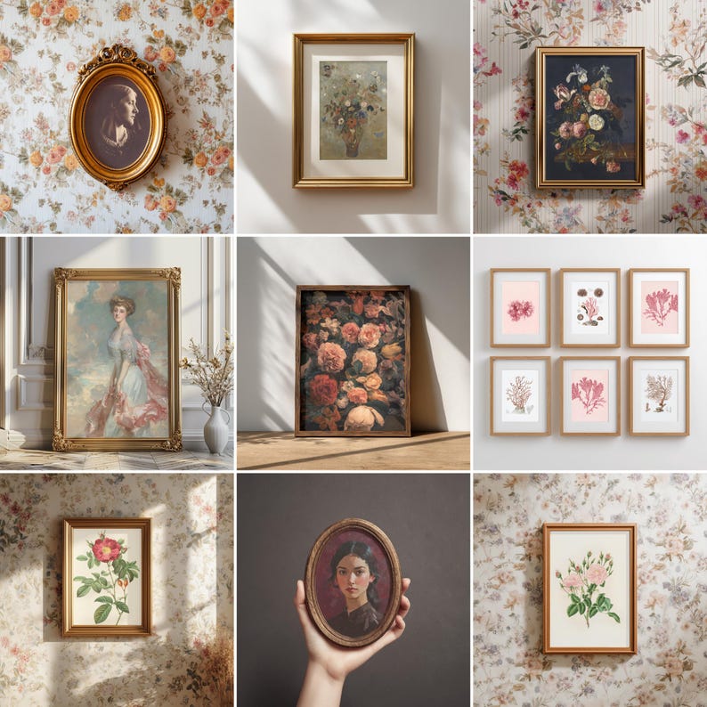 Vintage Frame Mockup Bundle Canva 70 Antique Gold Wood Frames Wall Art Mockups, Editable Drag & Drop, Neutral Aesthetic French Countryside image 8