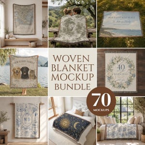 May include: A digital collection of 70 woven blanket mockups featuring various designs including maps, landscapes, pet portraits, floral wreaths, wedding motifs, and celestial patterns, presented in a grid layout with the text WOVEN BLANKET MOCKUP BUNDLE.