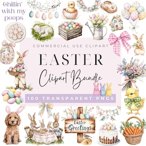 May include: A digital clipart bundle of 100 Easter-themed images. The images include bunnies, chicks, eggs, flowers, and other spring-themed elements. The text "COMMERCIAL USE CLIPART EASTER Clipart Bundle 100 TRANSPARENT PNGS" is displayed on a pink background.