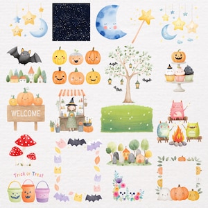 May include: Watercolor illustrations of Halloween-themed elements. Includes pumpkins, bats, a witch, a tree with lanterns, a graveyard, and a sign that says "Welcome". Also features a night sky, moons, stars, and a magic wand.