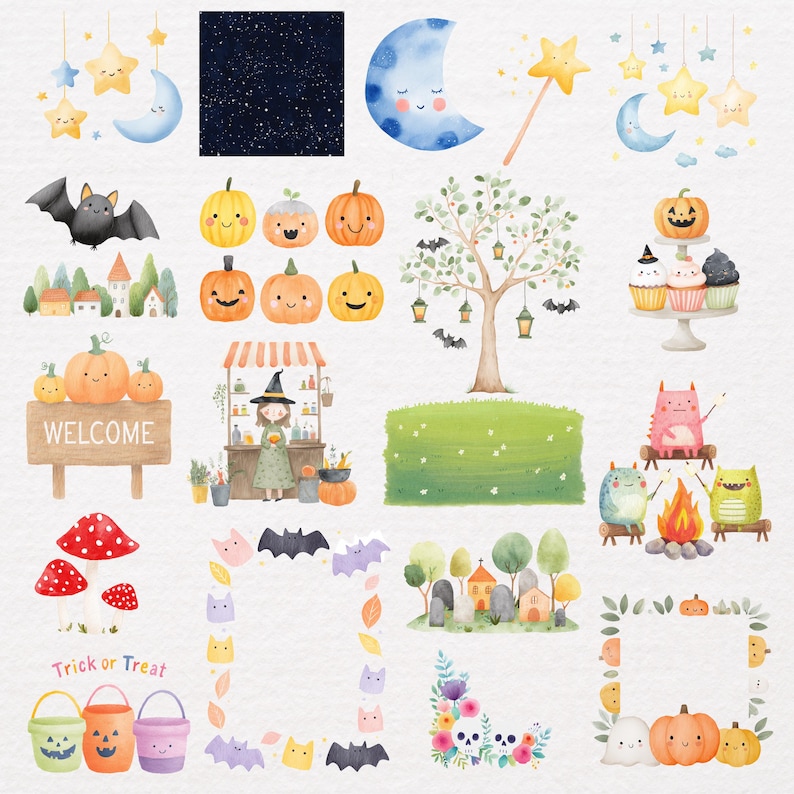 May include: Watercolor illustrations of Halloween-themed elements. Includes pumpkins, bats, a witch, a tree with lanterns, a graveyard, and a sign that says "Welcome". Also features a night sky, moons, stars, and a magic wand.
