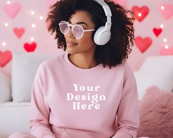 Valentines Day Mockup, 18000 Gildan Light Pink Sweatshirt Mockup, Model Sweatshirt Mock up, 18000 Gildan Sweatshirt Mock Up