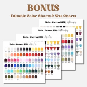 May include: Color charts for Bella + Canvas 3001 t-shirts, showing solid and heather colors. The charts are organized by color category, with each color represented by a small swatch and the corresponding color name.