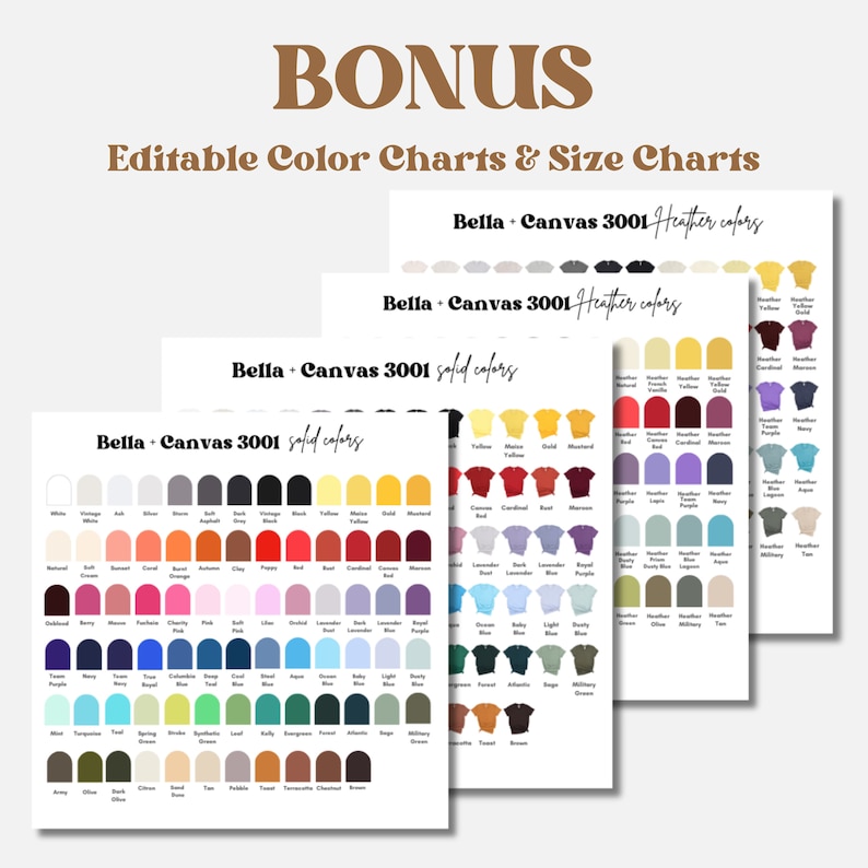 May include: Color charts for Bella + Canvas 3001 t-shirts, showing solid and heather colors. The charts are organized by color category, with each color represented by a small swatch and the corresponding color name.