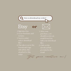 May include: A beige graphic with instructions on how to download an Etsy order. The text includes steps for downloading files from Etsy and via email. The phrase "Get your creative on!" is at the bottom.