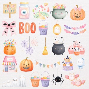 May include: Watercolor illustrations of Halloween-themed items. Includes a "Trick or Treat" sign, pumpkins, ghosts, bats, candy, a cauldron, a broom, and a "BOO" sign. The color palette features orange, purple, pink, and black.