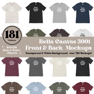 Puede incluir: Una imagen de maqueta que muestra 181 opciones de color diferentes para las camisetas Bella Canvas 3001. La imagen presenta una variedad de colores de camisetas, incluyendo negro, blanco, gris, rojo, azul, verde y marrón. El texto "Bella Canvas 3001 Mockups de frente y espalda" se muestra en un estilo de fuente retro. El texto "181 Colores" se muestra en un círculo con un fondo blanco y un contorno negro.