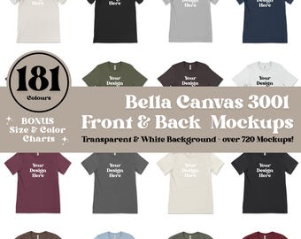 Bella Canvas 3001 Mockup Bundle: 181 Colors, Front & Back (PNG, JPG Digital Download)