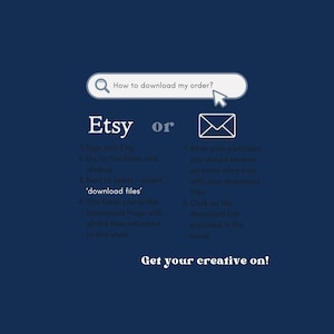 May include: A navy blue graphic with instructions on how to download Etsy orders. The text includes steps for downloading files after purchase, with a search bar that says "How to download my order?" and the phrase "Get your creative on!"