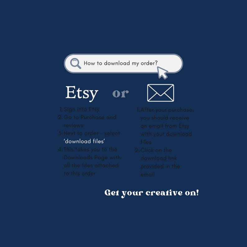 May include: A navy blue graphic with instructions on how to download Etsy orders. The text includes steps for downloading files after purchase, with a search bar that says "How to download my order?" and the phrase "Get your creative on!"