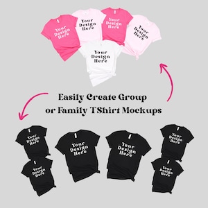 May include: Mockup of a group of t-shirts in various colors, including pink, white, and black. Each shirt features the text "Your Design Here" printed on the front.
