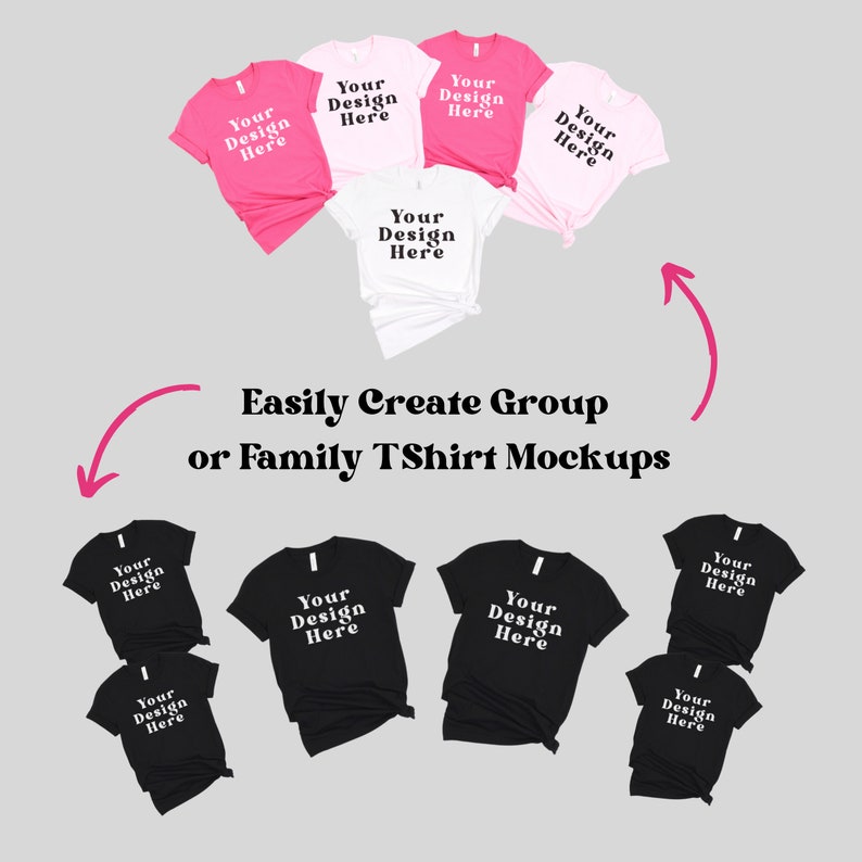 May include: Mockup of a group of t-shirts in various colors, including pink, white, and black. Each shirt features the text "Your Design Here" printed on the front.
