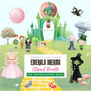 May include: A whimsical illustration featuring characters and elements from The Wizard of Oz. Includes a castle, hot air balloon with "OZ" text, a yellow brick road, and various characters. The text "Emerald Dreams Clipart Bundle" is also present.