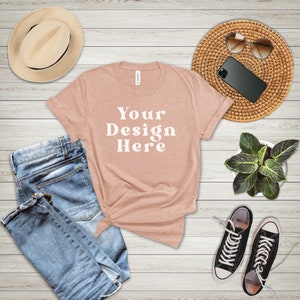 Bella Canvas 3001 Mockup: Heather Prism Peach T-Shirt Flat Lay (Digital File)