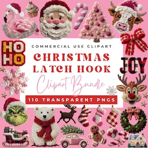 May include: A selection of Christmas-themed latch hook clipart, featuring a flamingo, Santa Claus, a Christmas tree, a cow, a reindeer, and a polar bear. The text "CHRISTMAS LATCH HOOK Clipart Bundle" is displayed.