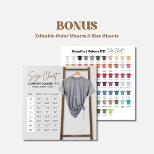 May include: A light gray Comfort Colors 1717 unisex jersey t-shirt hanging on a wooden ladder. The image includes a size chart with measurements in inches and a color chart with various shirt colors. Text reads "BONUS Editable Color Charts & Size Charts."