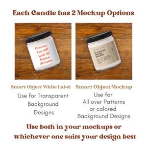 May include: Two white jar candles with black lids are displayed on a wooden surface. One candle reads "Honesty. You still look 39 from a distance." The other says "In case of stormy weather." Text below explains mockup options.