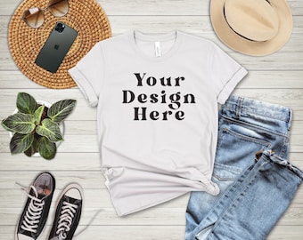 Bella Canvas 3001 Silver T-Shirt Mockup: Flat Lay, Lifestyle (Digital File)