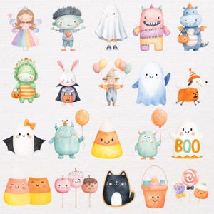 May include: Watercolor illustrations of Halloween-themed characters and treats. The image includes a fairy, zombie, ghost, monster, dragon, dinosaur, rabbit, scarecrow, dog, candy corn, cake pops, a black cat, a bucket of candy, and lollipops.