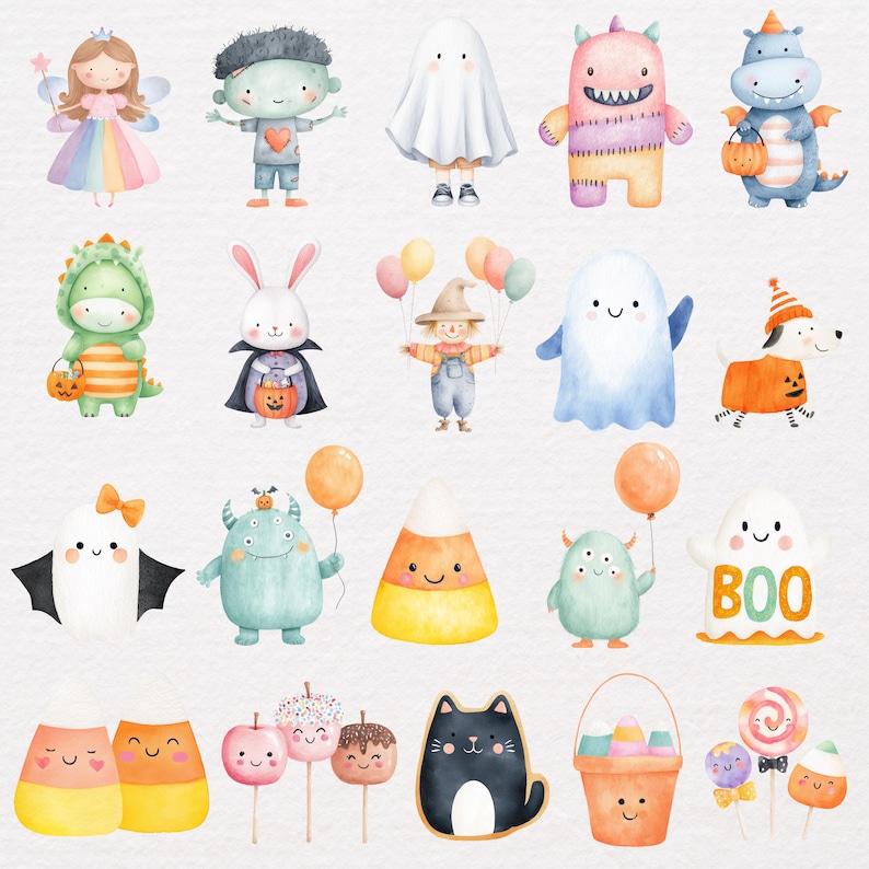 May include: Watercolor illustrations of Halloween-themed characters and treats. The image includes a fairy, zombie, ghost, monster, dragon, dinosaur, rabbit, scarecrow, dog, candy corn, cake pops, a black cat, a bucket of candy, and lollipops.