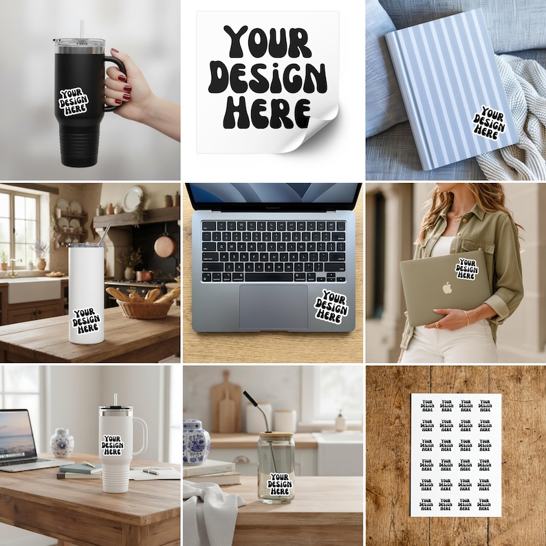 Sticker Mockup Bundle 50 Sticker Mockups, Drag & Drop Canva Templates, POD Sticker Mockups, Laptop Phone Packaging Mockups Backgrounds image 7