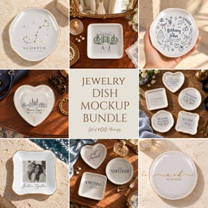 May include: A collection of white ceramic jewelry dishes in various shapes including round, square, and heart, featuring gold-rimmed edges and diverse custom printed designs such as zodiac constellations, wedding dates, names, and photographic portraits.
