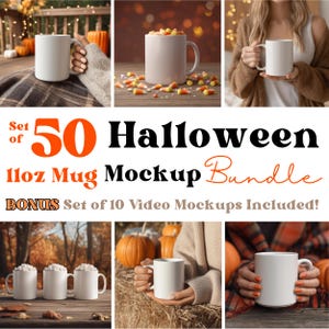 Puede incluir: Un paquete de maquetas con 50 tazas blancas de 312 ml en entornos otoñales con calabazas y caramelos de maíz. El texto dice "Halloween Mockup Bundle" con un bono de 10 maquetas de vídeo.