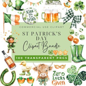 Op de afbeelding: Een illustratie met St. Patrick's Day-thema's, waaronder een kabouter, de Ierse vlag, bier, klavers en de tekst "Kiss Me, I'm Irish". De afbeelding bevat ook de tekst "St. Patrick's Day Clipart Bundle".