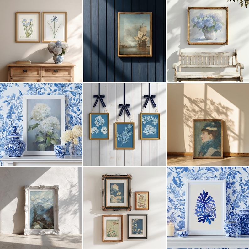 May include: Collection of framed art prints featuring botanical illustrations, seascapes, and portraits. The prints showcase a variety of styles, including watercolor and oil paintings, with a color palette dominated by blues, greens, and neutral tones.