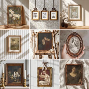 May include: A collection of framed vintage art prints. The prints feature floral, botanical, and portrait themes. Frames are wood and gold, with some hanging from ribbons. The artwork includes a variety of styles and subjects, suitable for home decor.