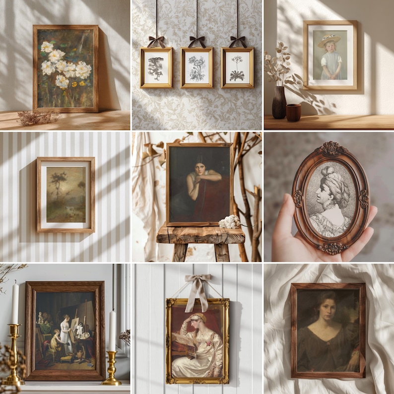 May include: A collection of framed vintage art prints. The prints feature floral, botanical, and portrait themes. Frames are wood and gold, with some hanging from ribbons. The artwork includes a variety of styles and subjects, suitable for home decor.