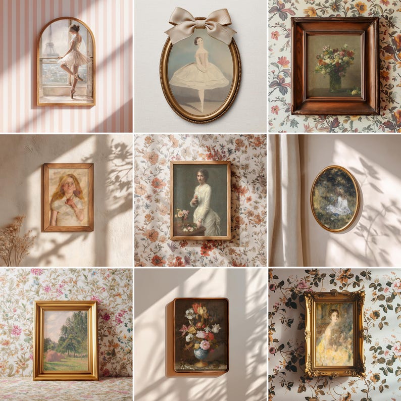 May include: Collection of framed vintage art prints featuring ballet dancers, portraits, and floral still lifes. The artworks are in ornate gold and wooden frames, showcasing a variety of styles and subjects. The color palette includes soft pastels, earth tones, and vibrant floral hues.