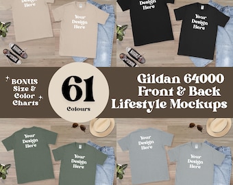 Gildan 64000 T-shirt mockupbundel: minimalistisch plat gelegd (digitale download)