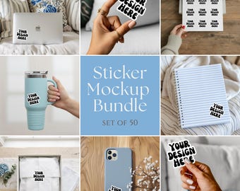 Sticker Mockup Bundle 50 Sticker Mockups, Drag & Drop Canva Templates, POD Sticker Mockups, Laptop Phone Packaging Mockups Backgrounds