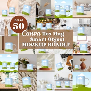 Könnte beinhalten: Set mit 50 11oz Becher-Mockups für Canva. Die Mockups zeigen einen weißen Becher mit einem grünen und blauen Design. Die Mockups sind in einem Raster angeordnet, mit verschiedenen Hintergründen und Einstellungen.