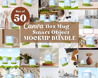 11oz White Mug Mockup Bundle Canva Drag and Drop Lifestyle Home Set of 50 Boho Mockups Transparent Background Bonus Backgrounds
