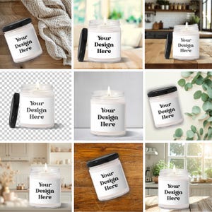 May include: A collection of white glass jar candles with black lids. Each candle has a white label with the text "Your Design Here". The candles are lit, with a visible flame. The background varies, including wood, fabric, and a kitchen.