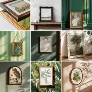 May include: A collection of framed art prints featuring various styles and subjects. Includes a landscape with a windmill, a portrait, and botanical illustrations. Frames vary in style, from ornate gold to simple wood.