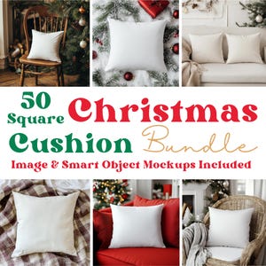 May include: A collection of 50 square Christmas cushion mockups. The mockups feature white cushions in various settings, including a wooden chair, a white couch, a red couch, and a wicker chair. The cushions are surrounded by Christmas decorations, such as a Christmas tree, ornaments, and a blanket.