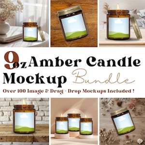 May include: A collection of amber glass candle jars with lit wicks and metallic lids. Each jar has a label with a cloud and grassy hill design. The text reads "9oz Amber Candle Mockup Bundle" and "Over 100 Image & Drag + Drop Mockups Included!"