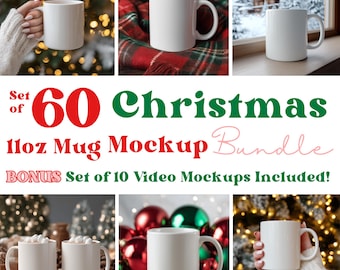 May include: A collection of white 11oz mugs in various settings, including a cozy scene with a plaid blanket and a winter landscape. The image includes text that reads "Set of 60 Christmas 11oz Mug Mockup Bundle".
