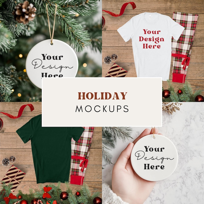 K&ouml;nnte beinhalten: Ein festliches Weihnachts-Mockup mit einem wei&szlig;en T-Shirt, einer karierten Pyjamahose und einem Keramikornament mit dem Text "Your Design Here". Die Szene umfasst festliche Dekorationen wie Tannennadeln, B&auml;nder und Kugeln, mit dem Text "HOLIDAY MOCKUPS."